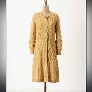 Anthropologie Coiled Cable knit Wool blend Sweater coat mustard color XS sw3